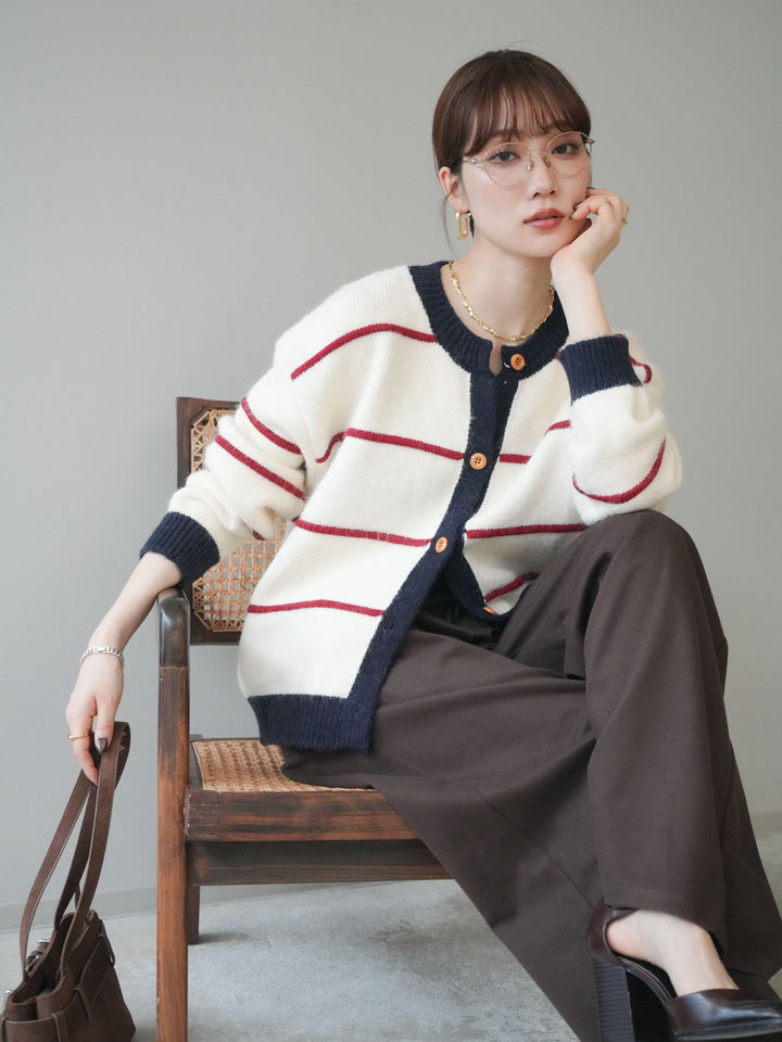[予約]配色ボーダーニットカーディガン/red