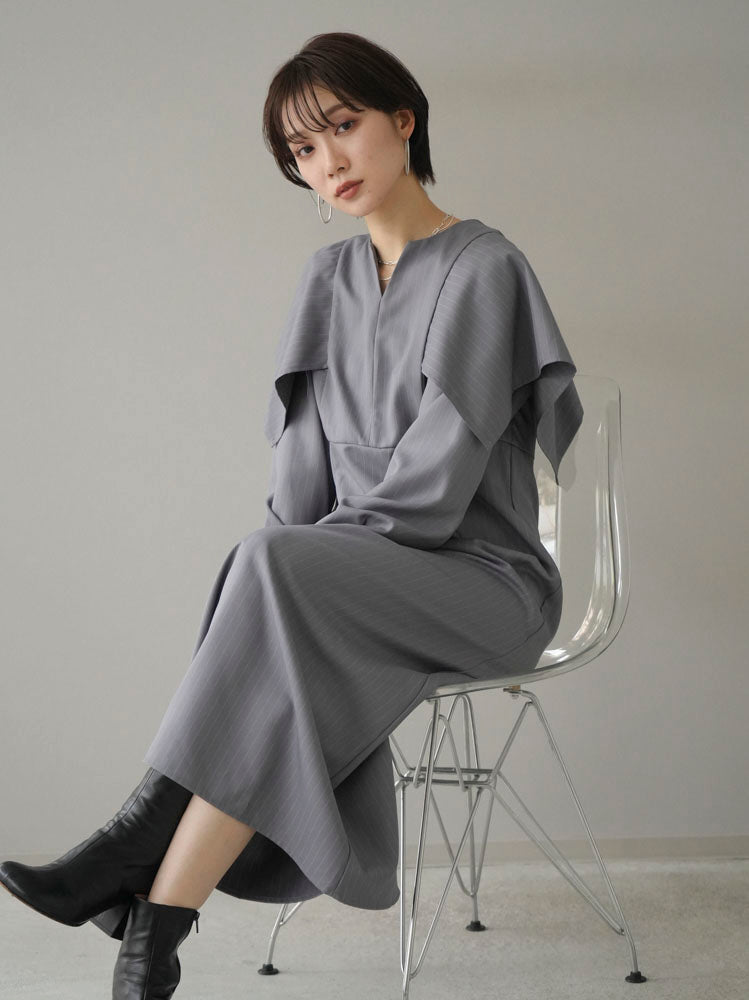 [Pre-order] Pinstripe Cape Design Dress/Gray