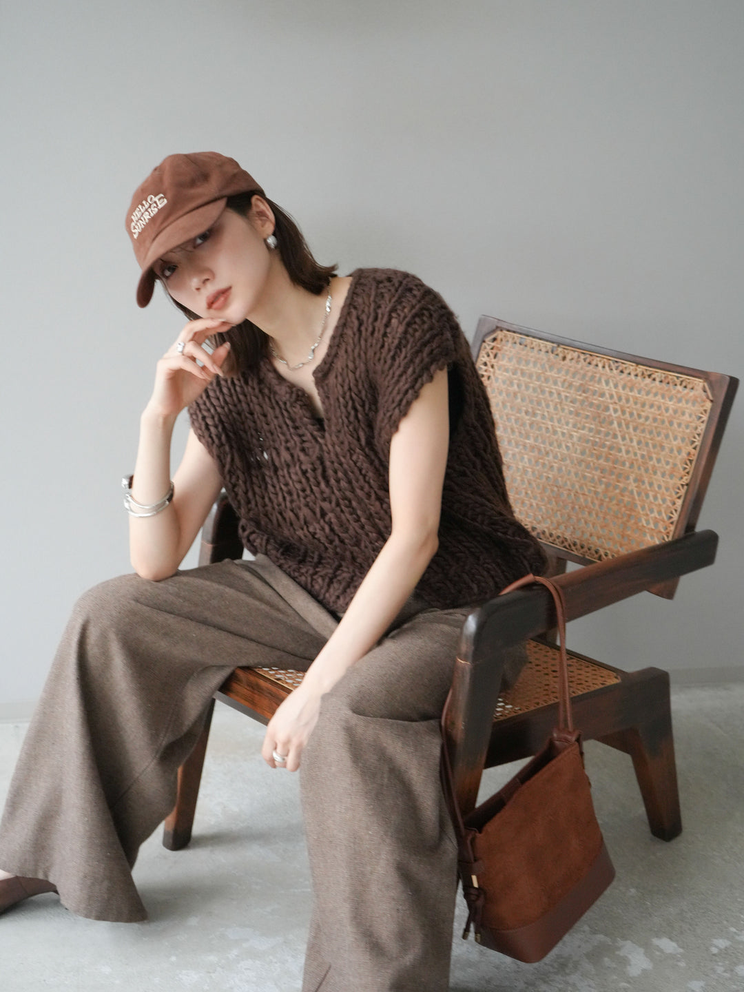 [SET] 手編繩結背心+粗花呢觸感褶皺寬褲（2件組）