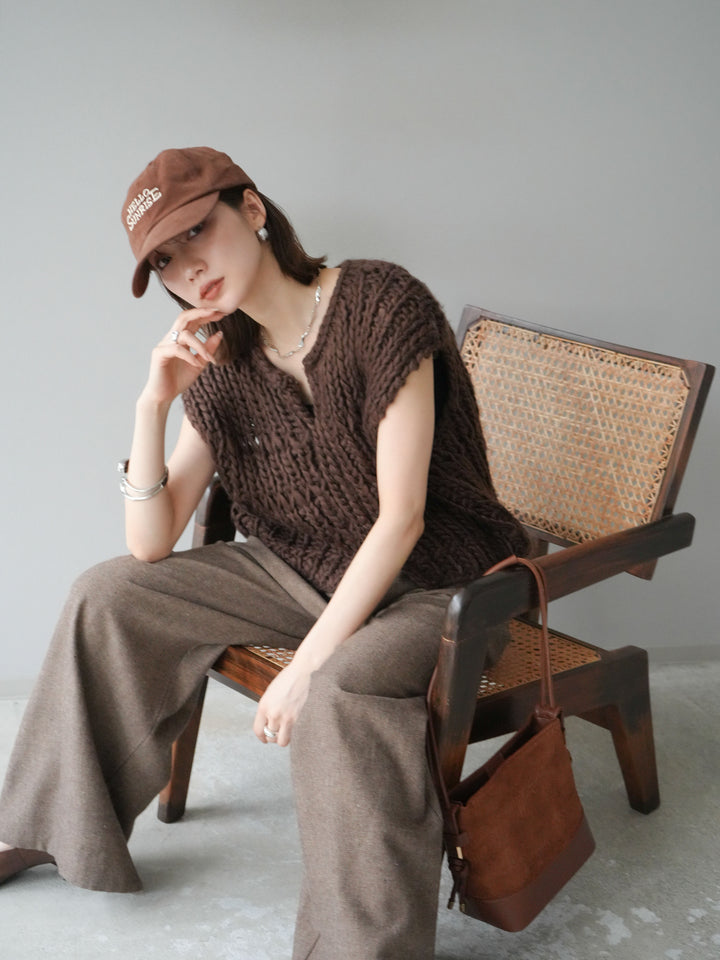 [SET] 手編繩結背心+粗花呢觸感褶皺寬褲（2件組）