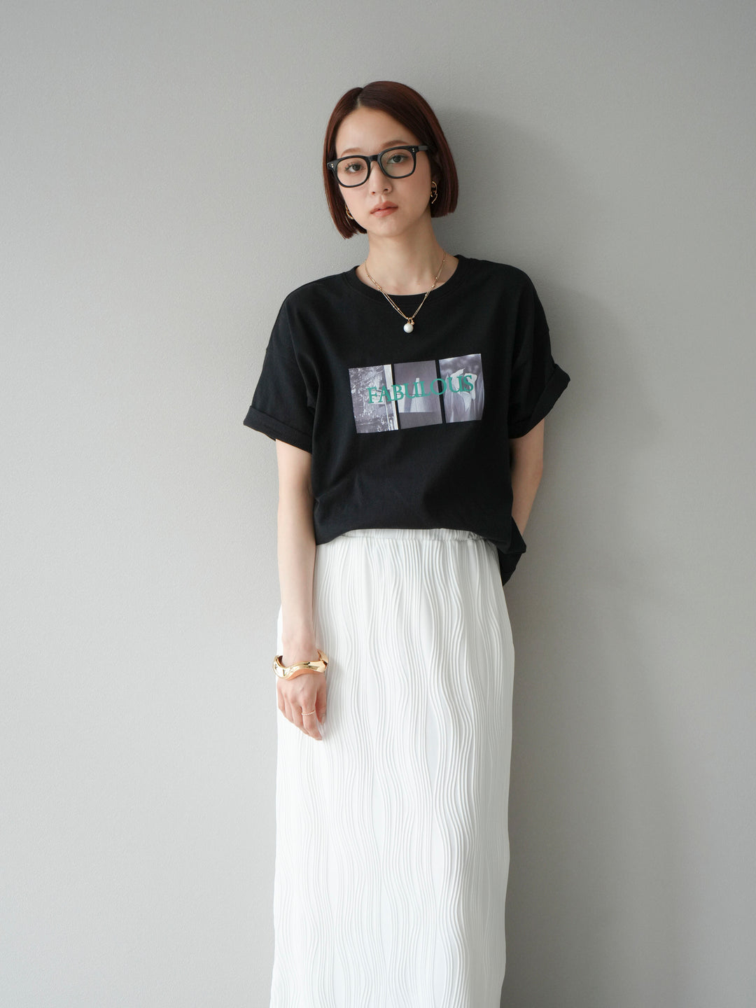 [SET]ネオンロゴコラージュフォトプリントオーバーTシャツ+ウェーブパイピングタイトスカート(2set)