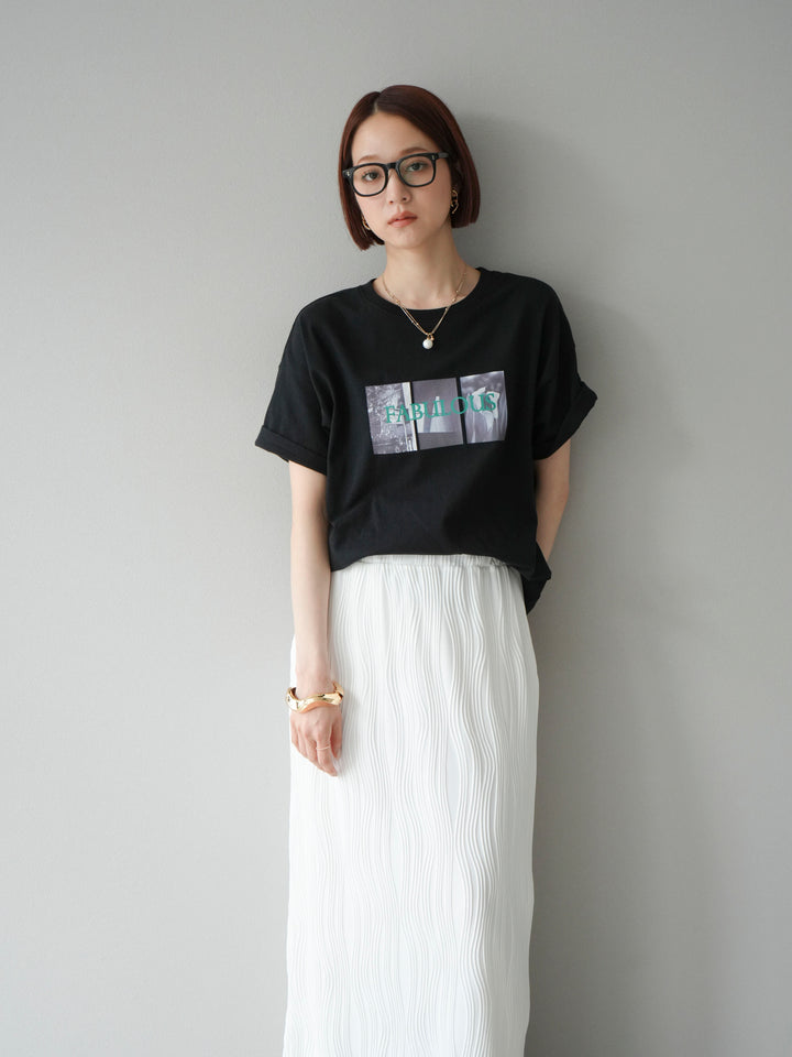 [SET]ネオンロゴコラージュフォトプリントオーバーTシャツ+ウェーブパイピングタイトスカート(2set)