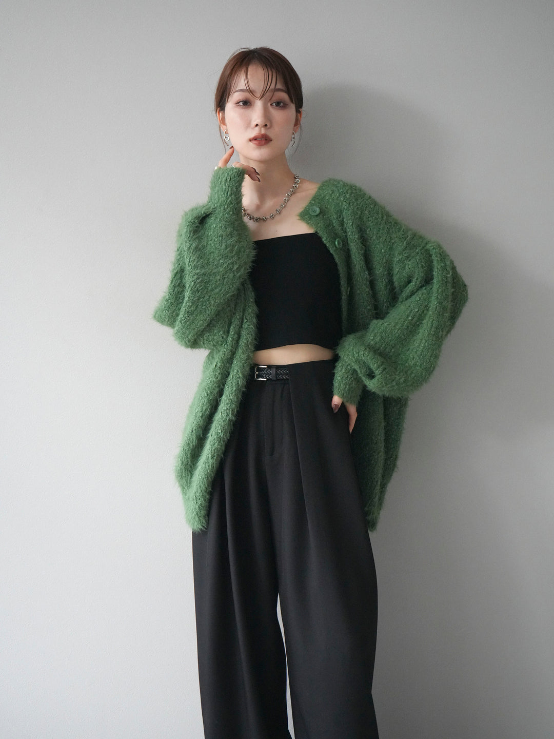 [SET]クルーネックランダムシャギーカーディガン+ベルトループデザインワイドパンツ(2set)