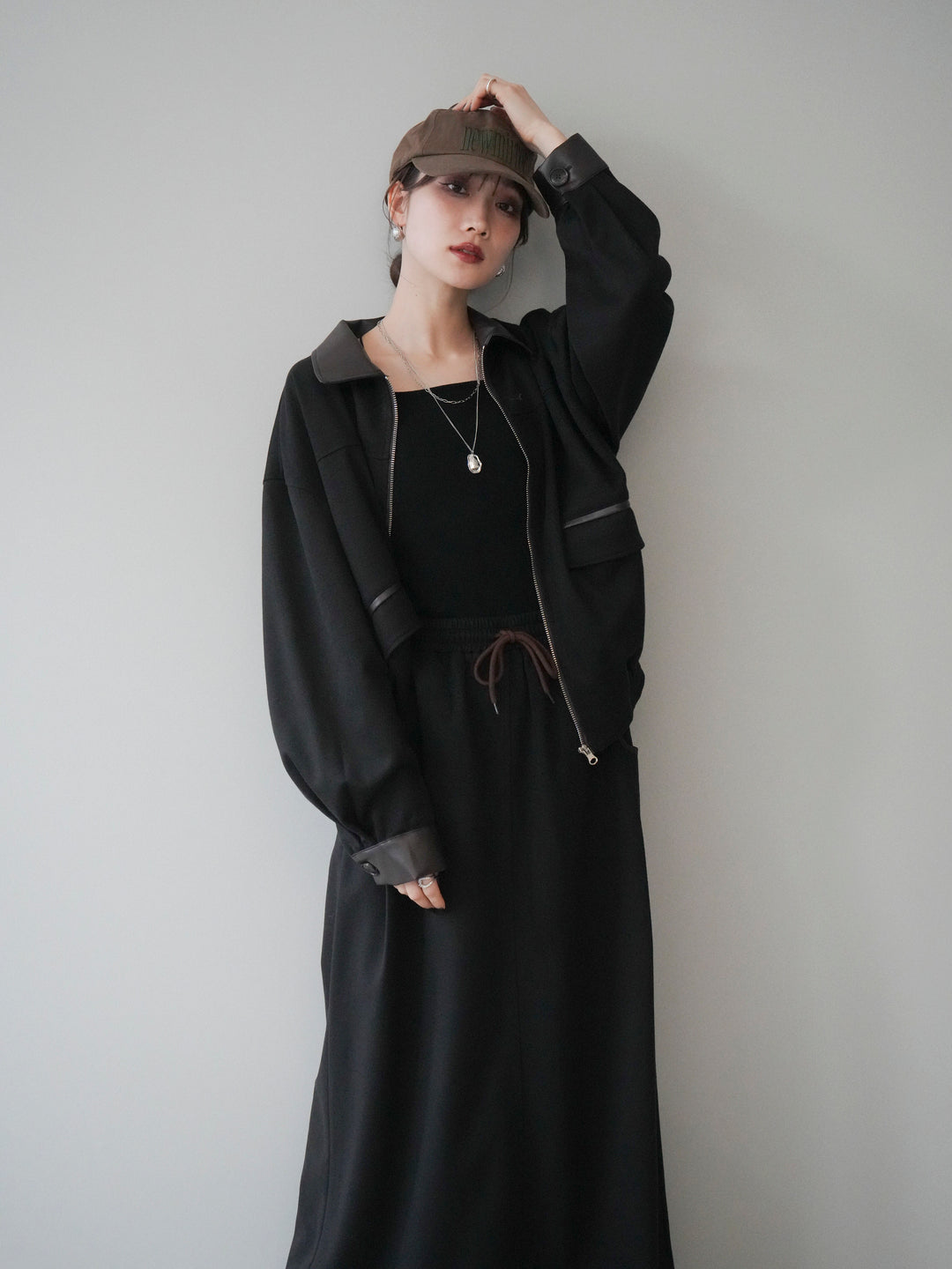 [予約]レザー襟配色パイピングブルゾン/black