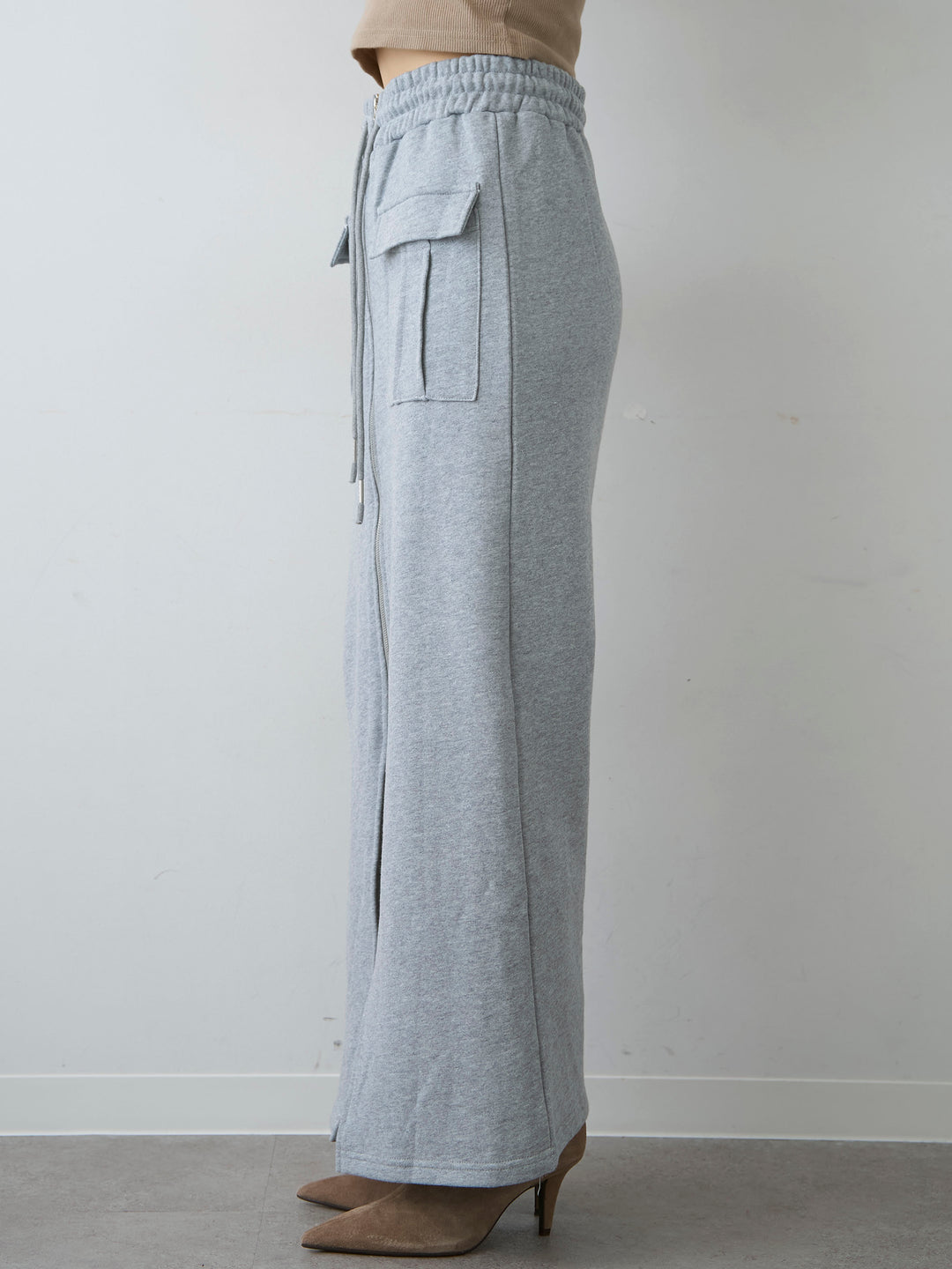 [予約]フロントZIPポケットデザインスウェットスカート/gray
