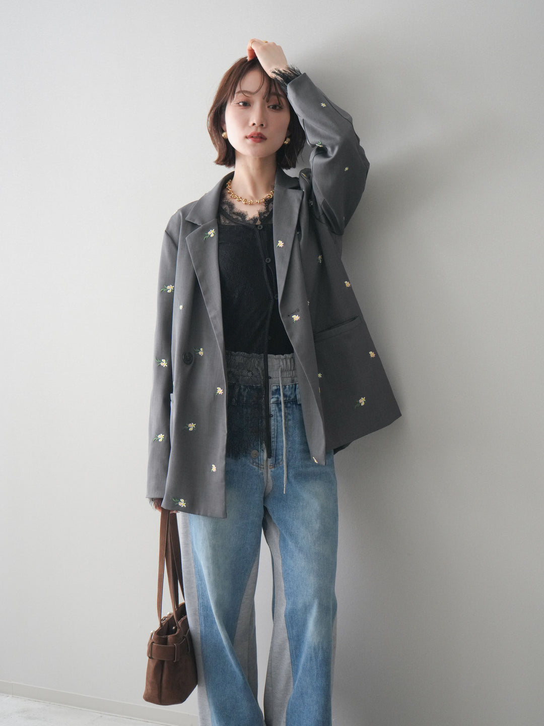 [予約]フラワー刺繍テーラードジャケット/gray