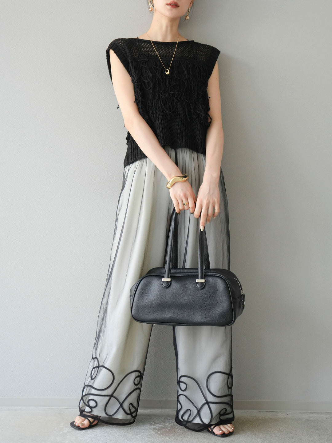 [SET]透かし編みフリンジニットトップス+コード刺繍チュールレイヤードパンツ(2set)