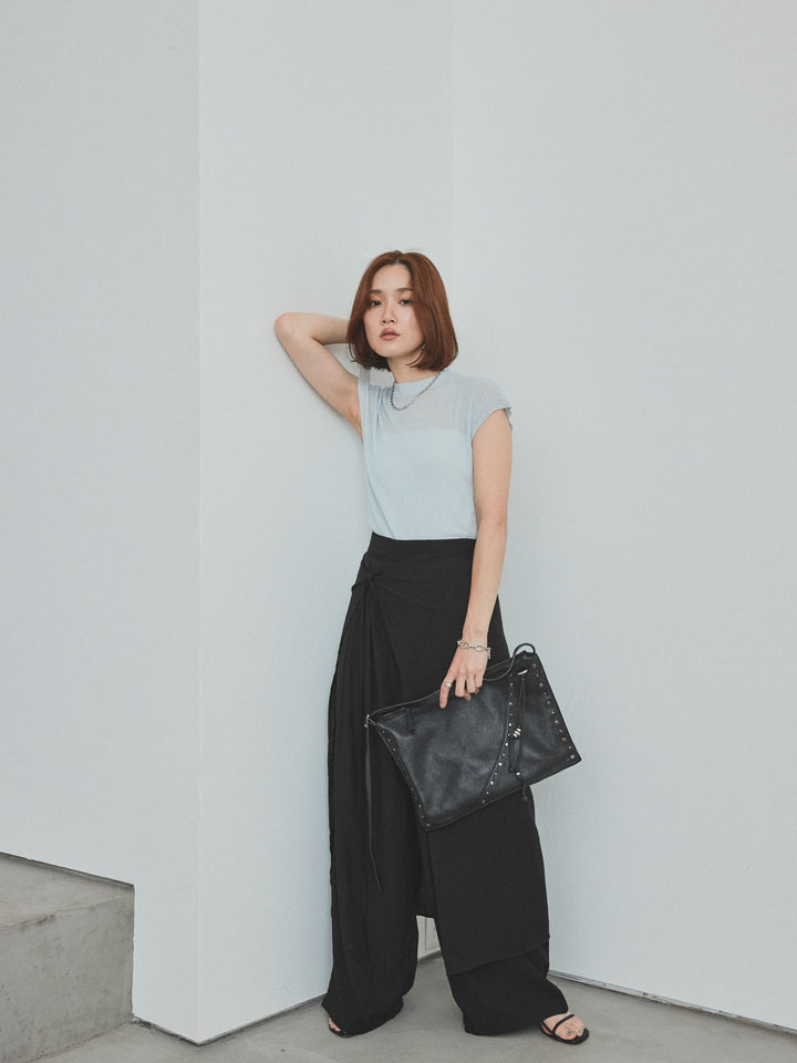 [SET]フレンチスリーブシアーニットトップス+ワッシャーサテンレイヤードスカートパンツ(2set)