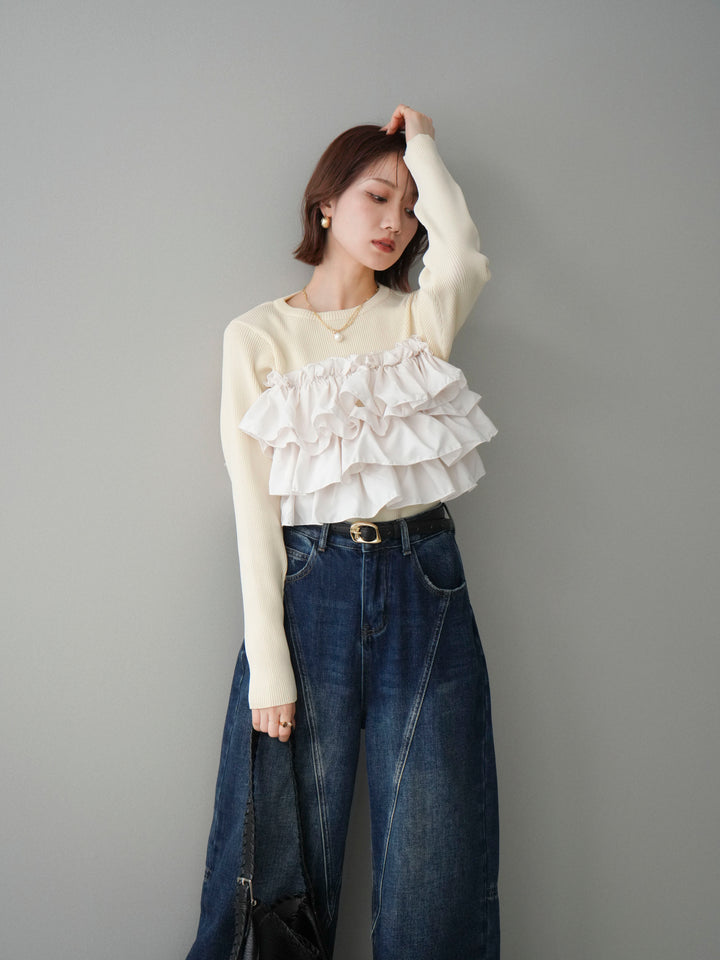 [SET]フリルビスチェドッキングスポンジニットプルオーバー+裏起毛加工デニムカーブパンツ(2set)