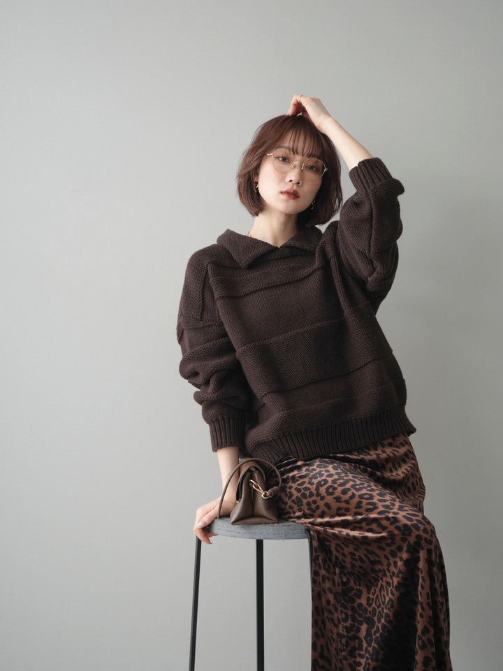 [予約]襟付きボーダー編みニットプルオーバー/brown
