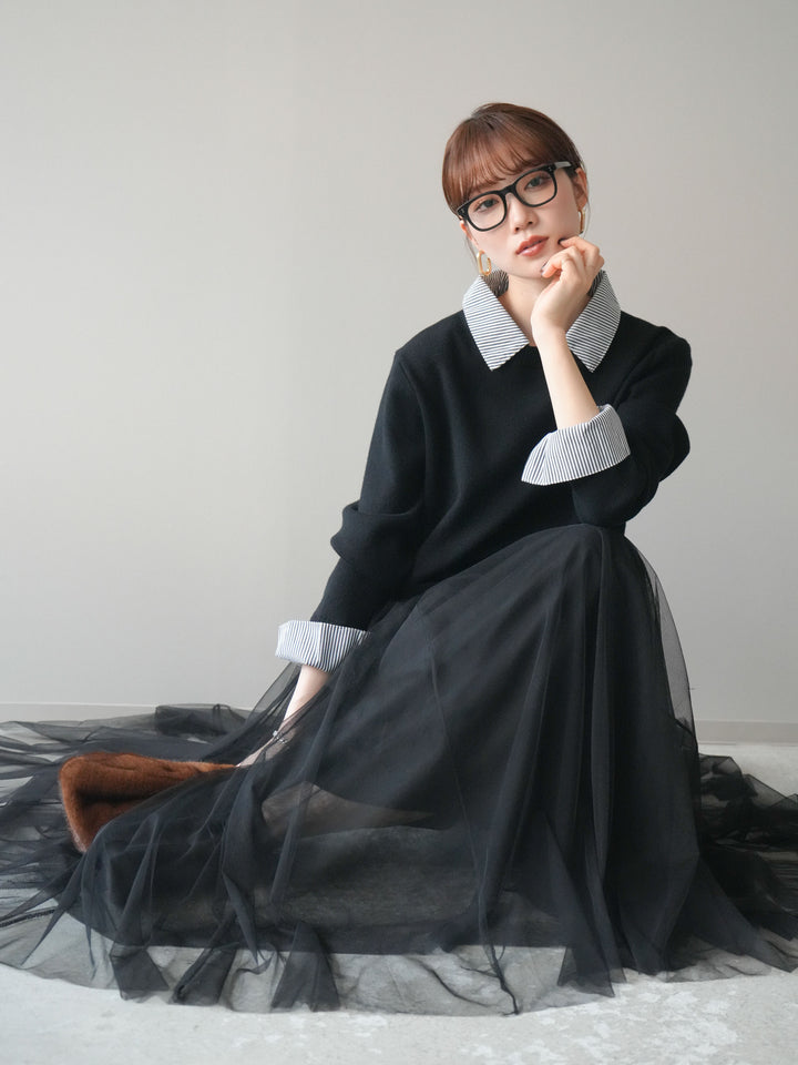 [予約]シャツドッキングデザイン裾ボタンニットプルオーバー/black