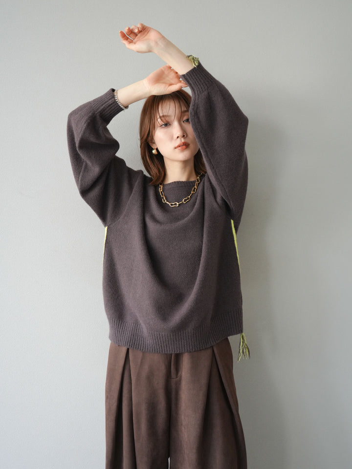 [SET]配色ステッチフリンジニットプルオーバー +スウェードタックワイドパンツ(2set)