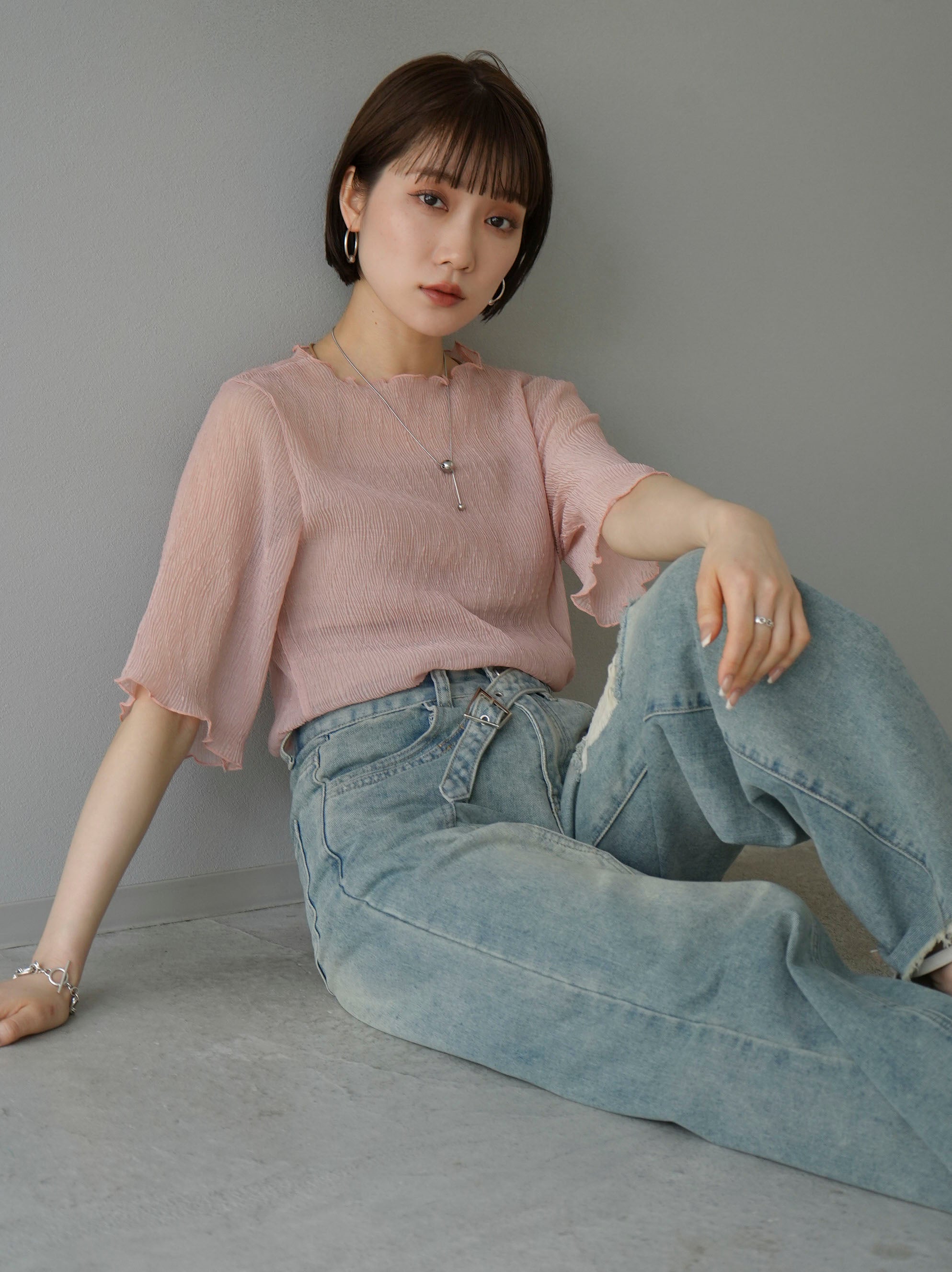 予約]楊柳シアーメローハーフスリーブトップス/ピンク – Lumier