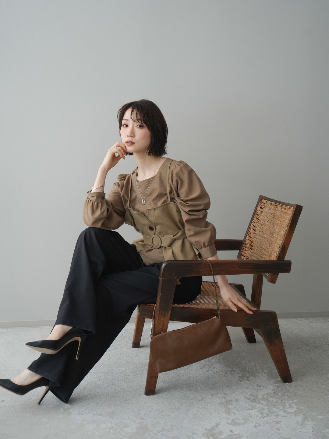 [SET]異素材ビスチェドッキングブラウス+選べるアクセセット(2set)