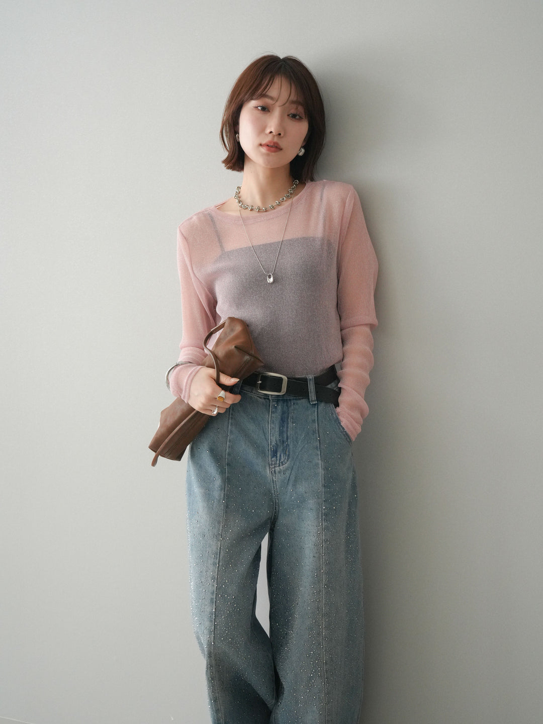 [予約]ラメシアークルーネックトップス/pink