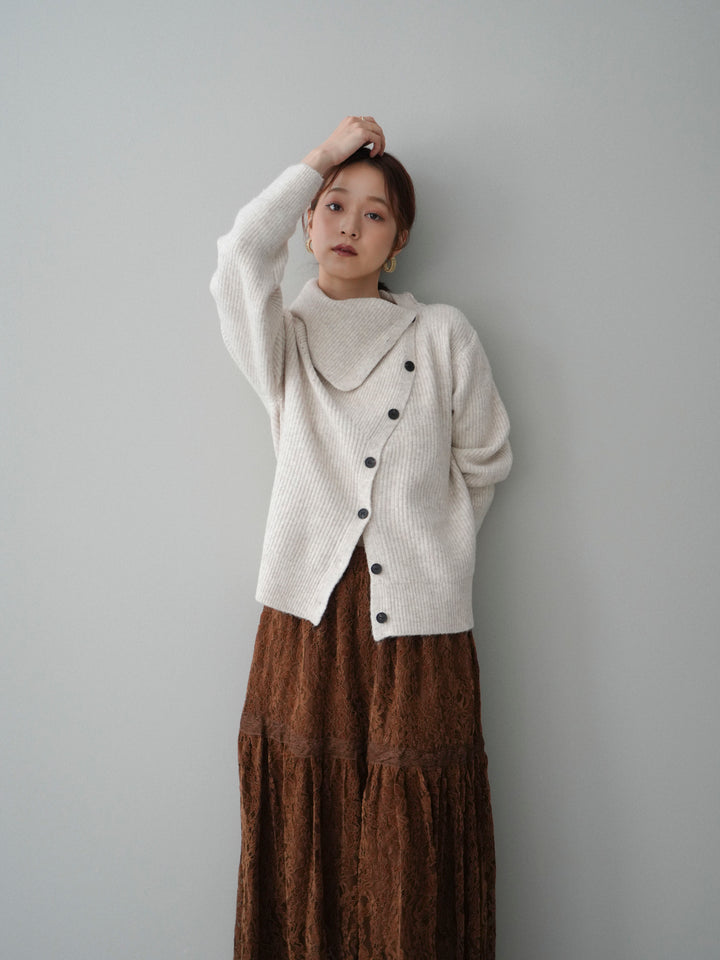 [SET]ハイネックデザインボタンニットカーディガン+起毛レースティアードスカート(2set)