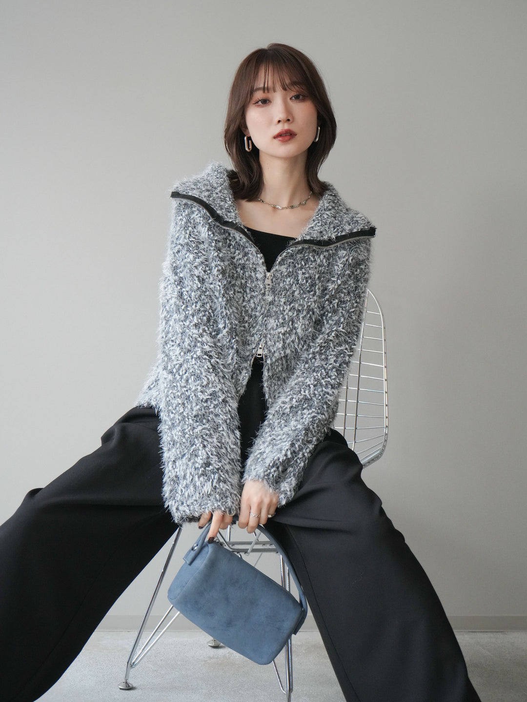 [予約]ミックスシャギージップニットカーディガン/black