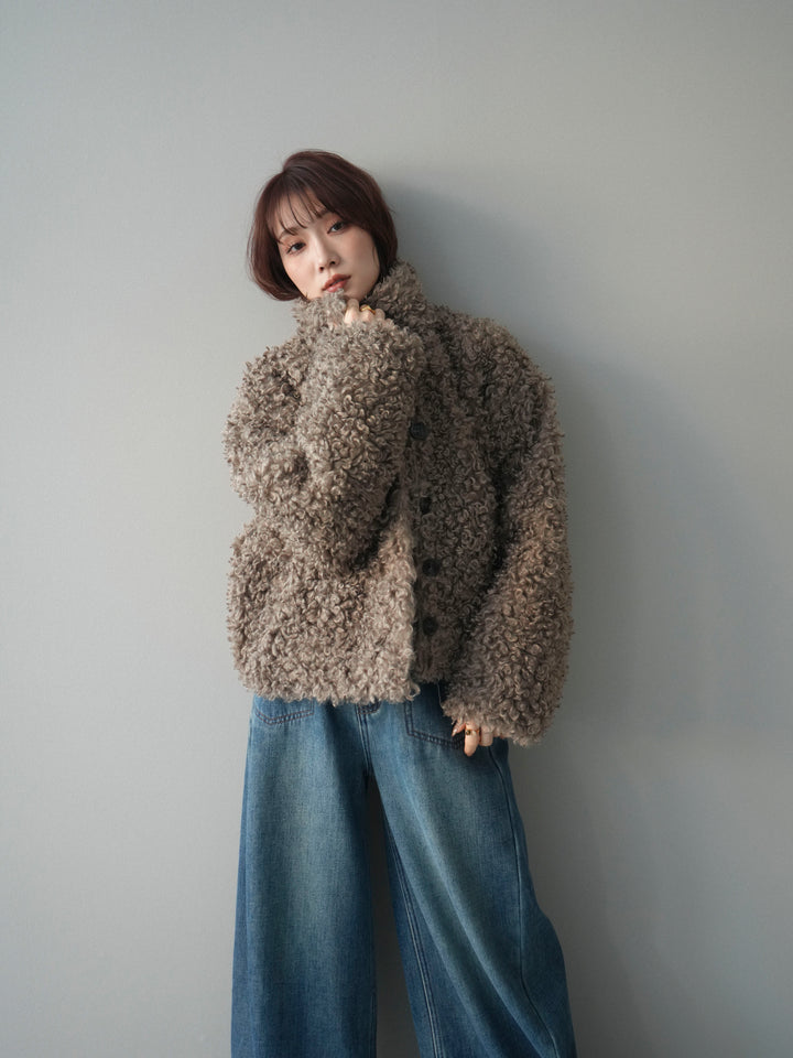 [SET]プードルファーミドルスタンドブルゾン+ベルト付裏起毛カーブデニムパンツ(2set)