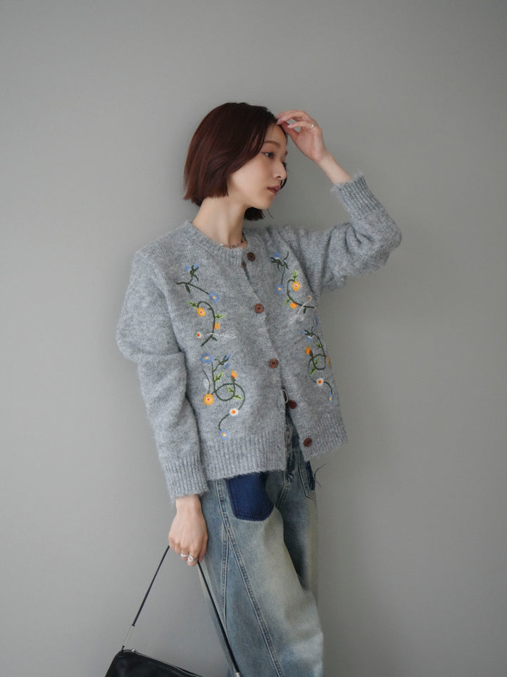 【預購】花朵刺繡針織開襟衫 / 灰色