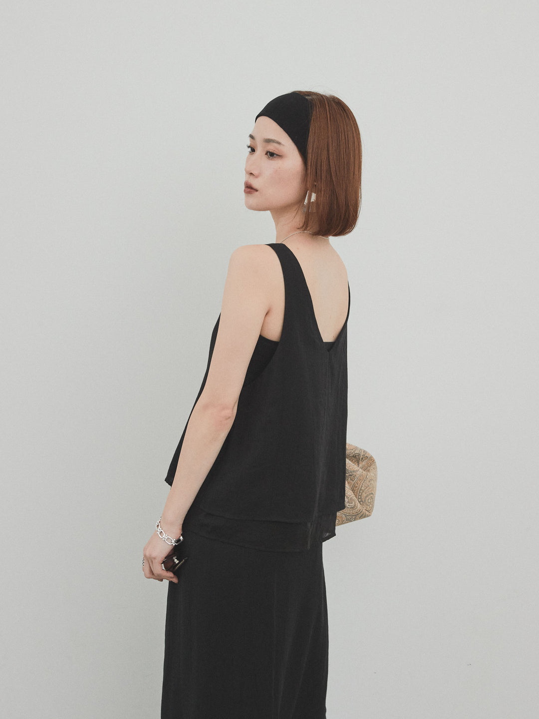 [SET] 洗衣機緞面透明層疊背心 + 洗衣機緞層疊裙褲 (2set)