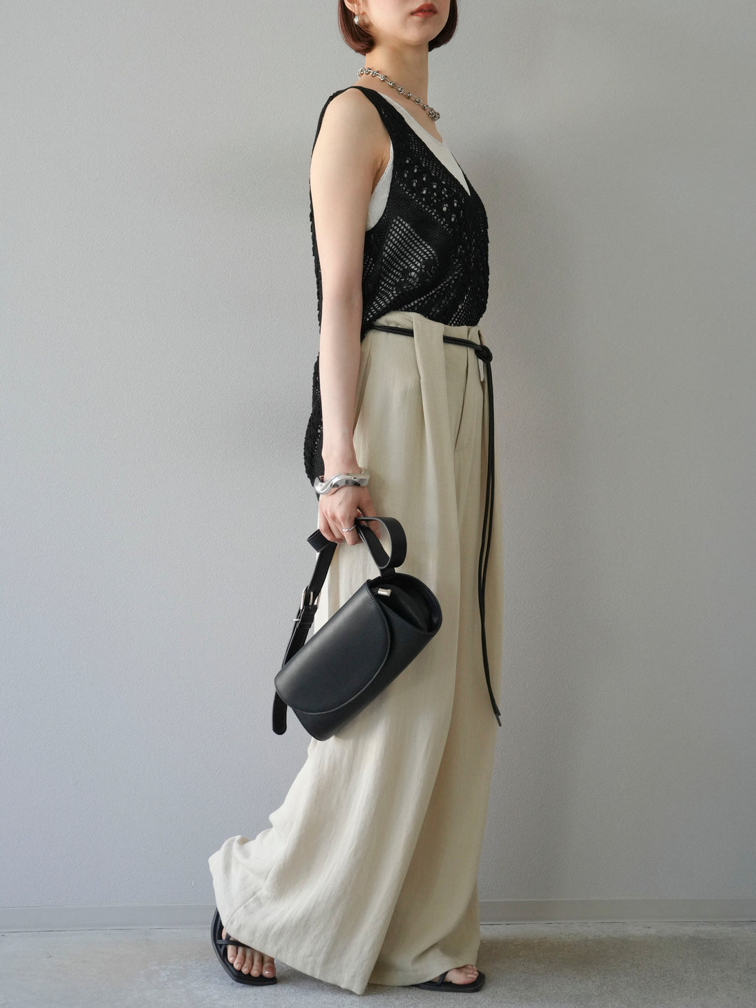 【預購】繩紋設計腰帶亞麻觸感寬褲/米色