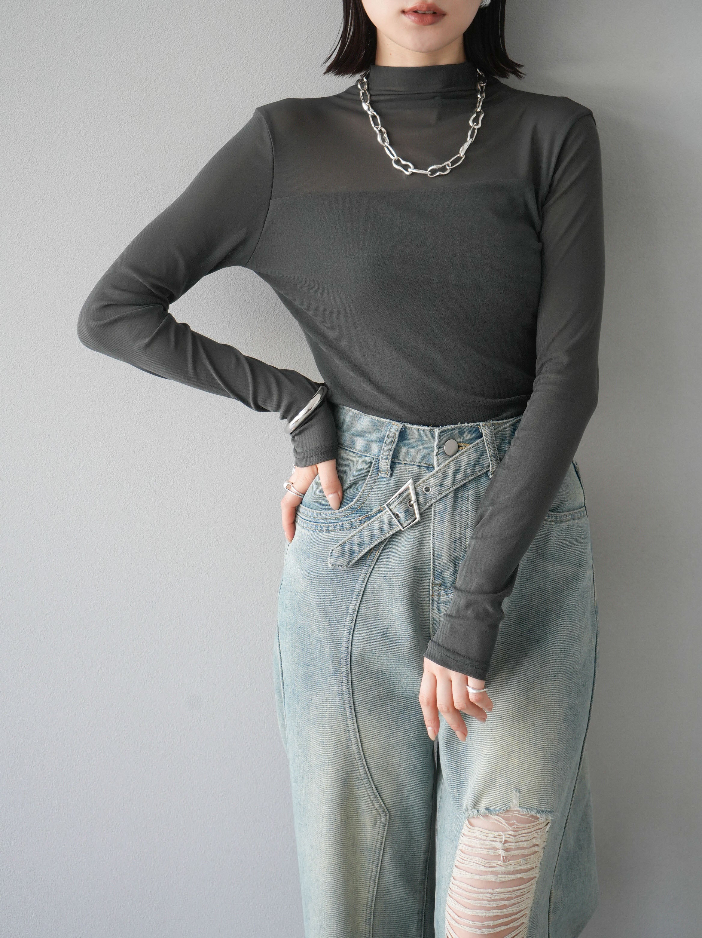 予約]シアー切替ストレッチ長袖トップス/チャコール – Lumier