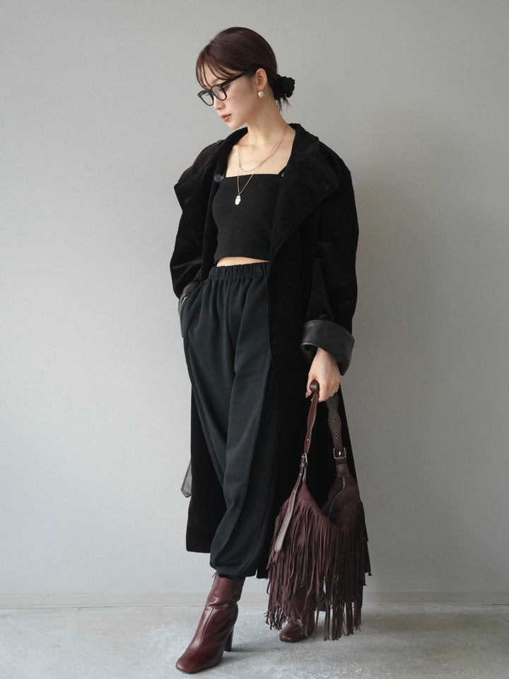 [予約]コーデュロイ折り返しレザーロングコート/brown