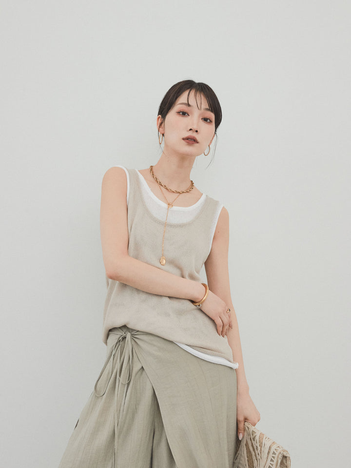 [SET]バイカラーレイヤードニットタンクトップ+ワッシャーサテンレイヤードスカートパンツ(2set)