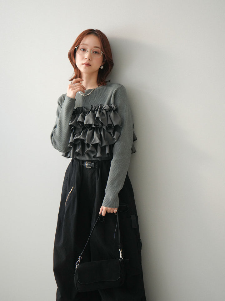 [SET]フリルビスチェドッキングスポンジニットプルオーバー+コットンタックループパンツ(2set)