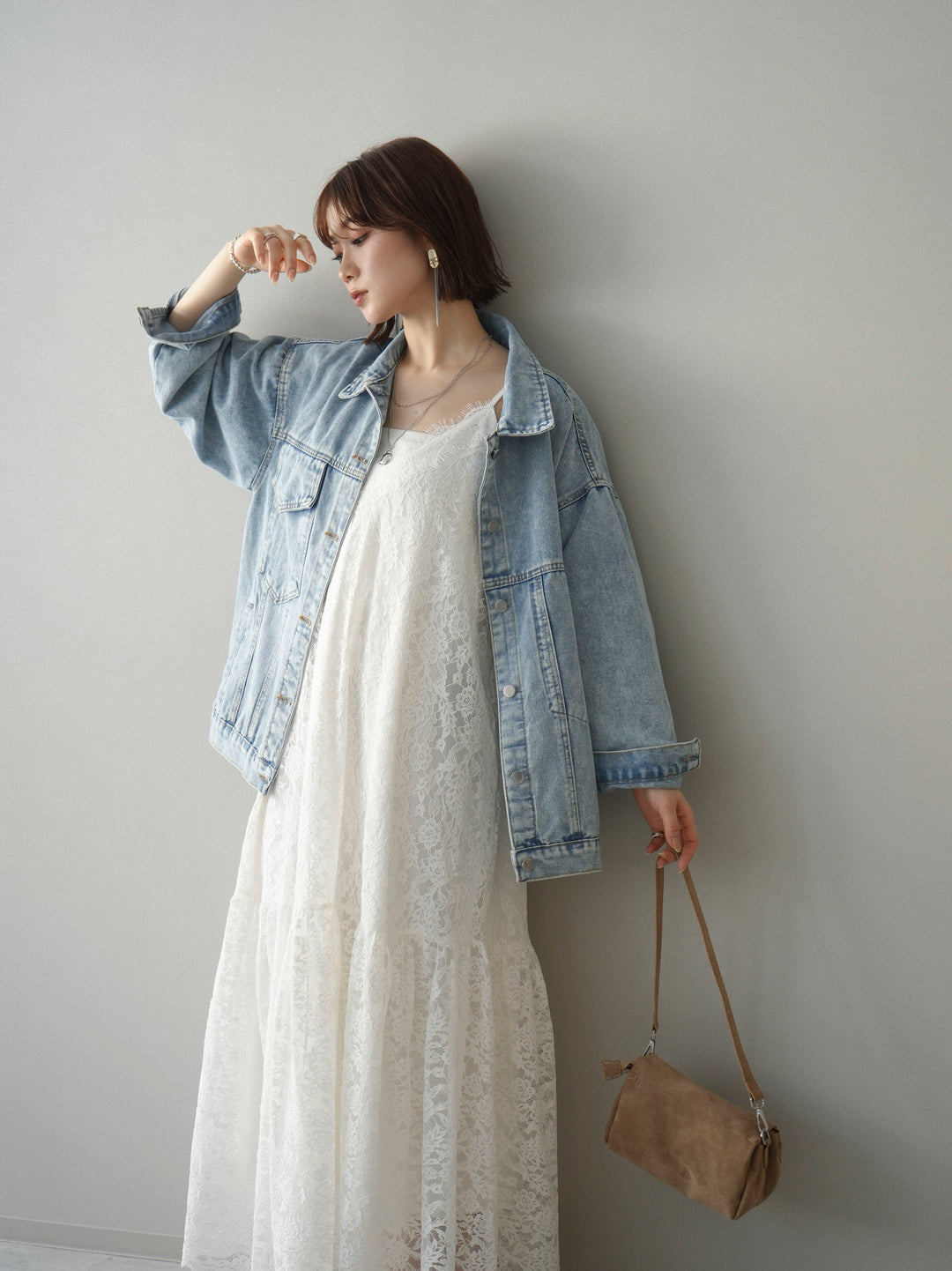 [予約]ギャザー切替レースキャミワンピース/white