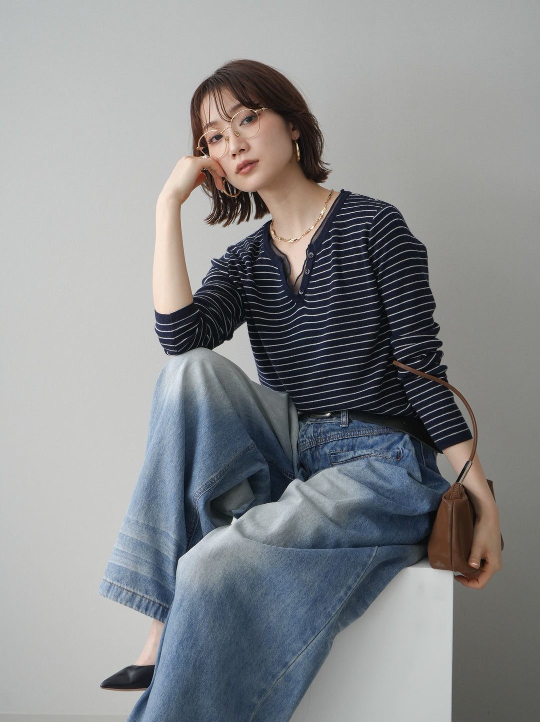 [SET]チュールレイヤードデザインボーダーニットトップス+選べるアクセセット(2set)