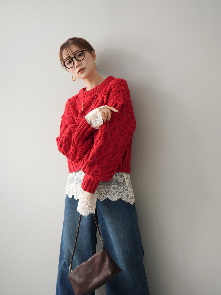 [予約]バルキーケーブルクロップドニットプルオーバー/red