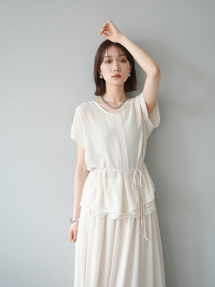 [SET]シフォンブラウス＆レースデザインフレアスカートSET UP(2set)
