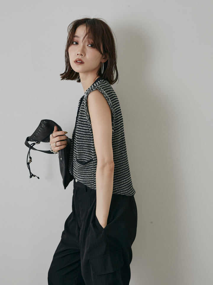 [予約]ボーダー袖フリンジニットベスト/ブラック