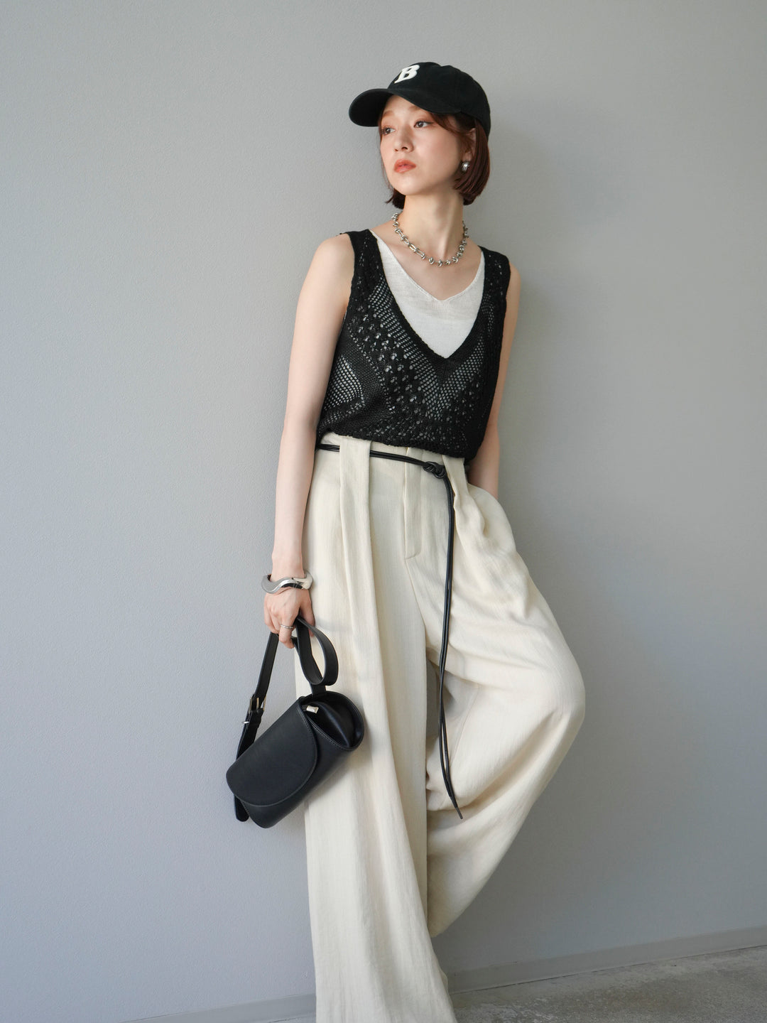 [予約]透かし編みレイヤードニットトップス/ブラック