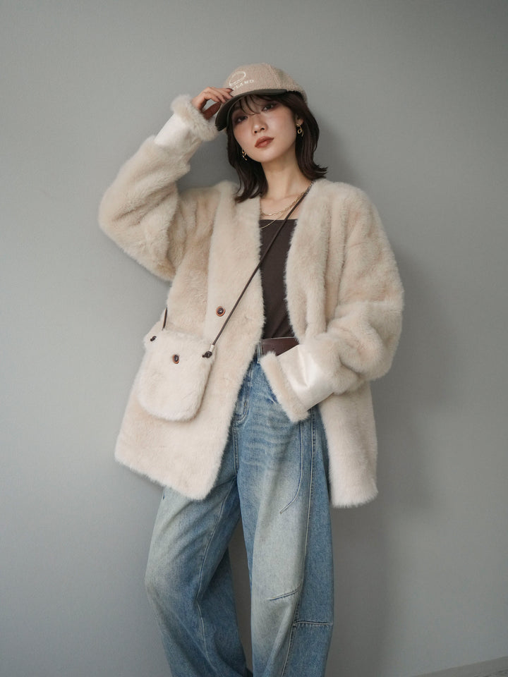 [SET]バッグ付エコファーノーカラーコート+ベルト付カーブデニムパンツ(2set)