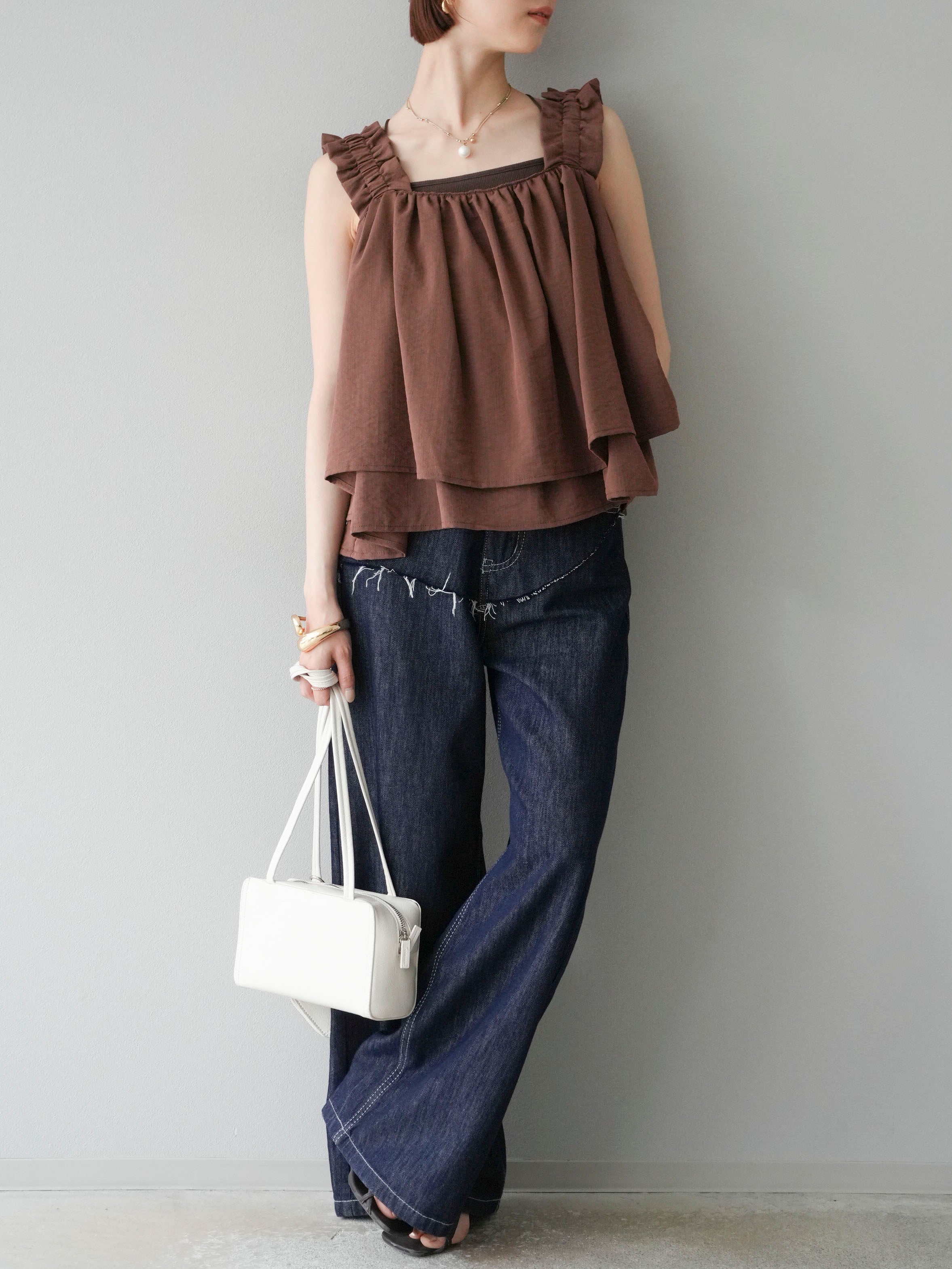 予約]ギャザーショルダーフレアタンクトップ/ブラウン – Lumier