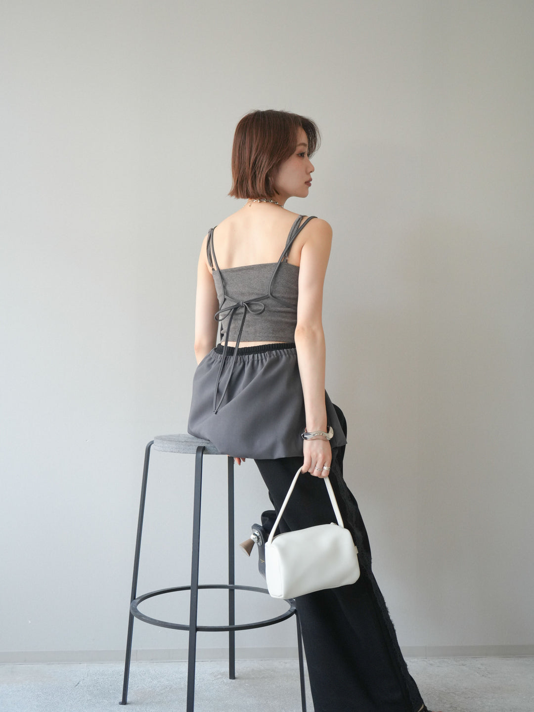 [SET]バックリボンバルーンチュニックキャミ+サイドレースポンチワイドパンツ(2set)