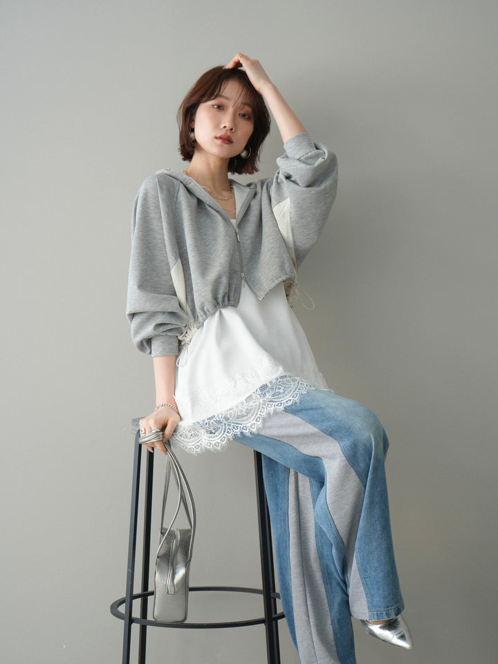 [予約]バイカラー異素材ライトポンチクロップドZIPフーディー/gray