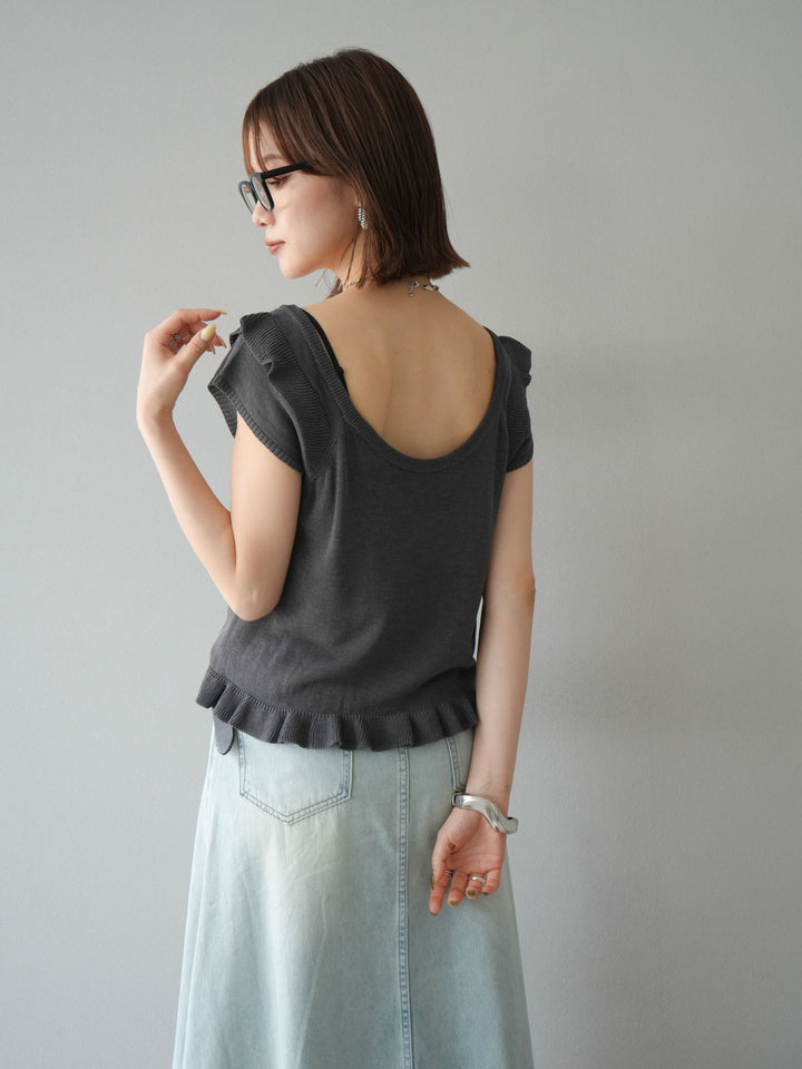 [予約]リネンタッチフリルニットタンクトップ/チャコール