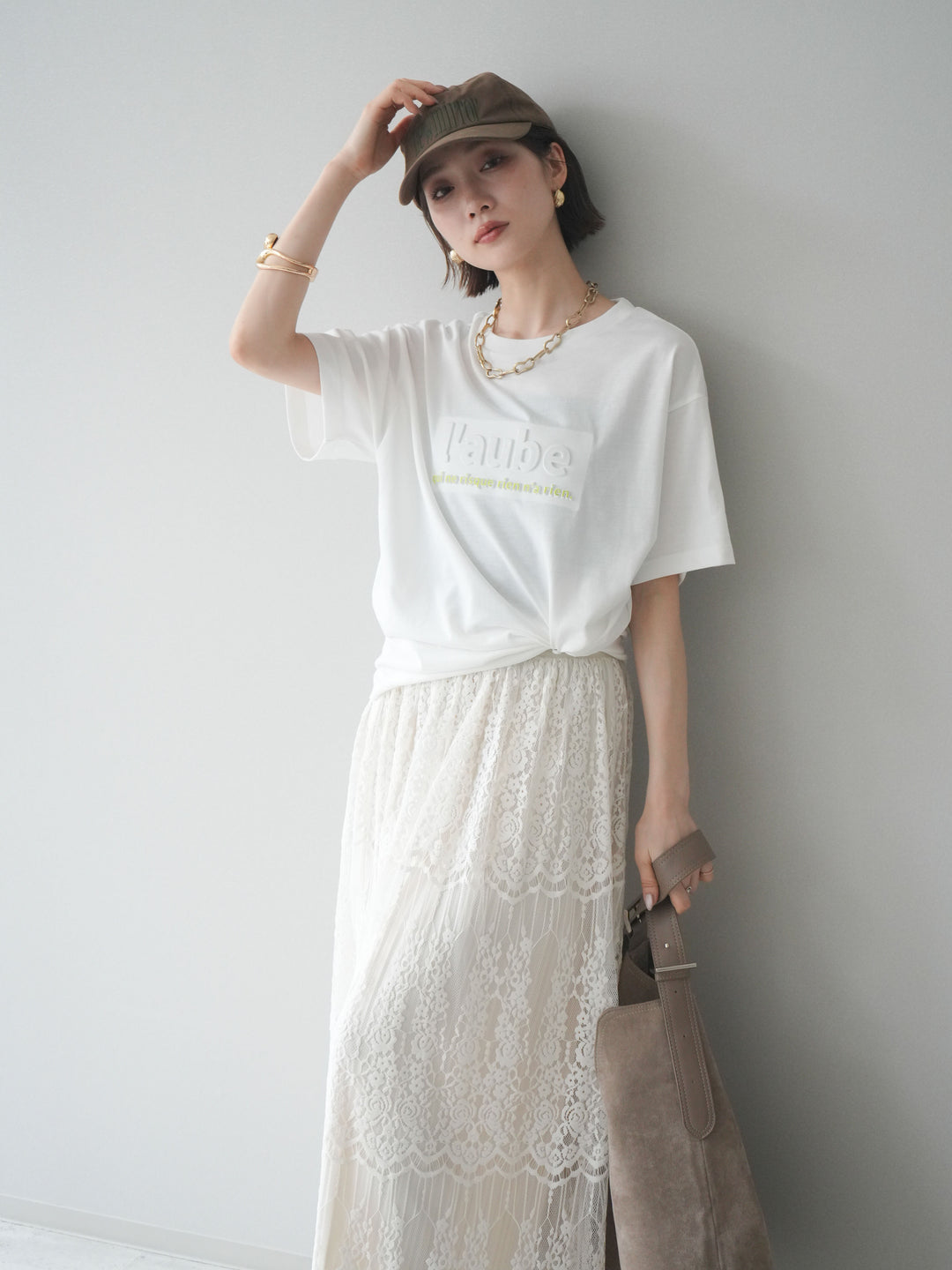 [SET]エンボスロゴTEE+裏プリーツ総レースロングスカート(2set)