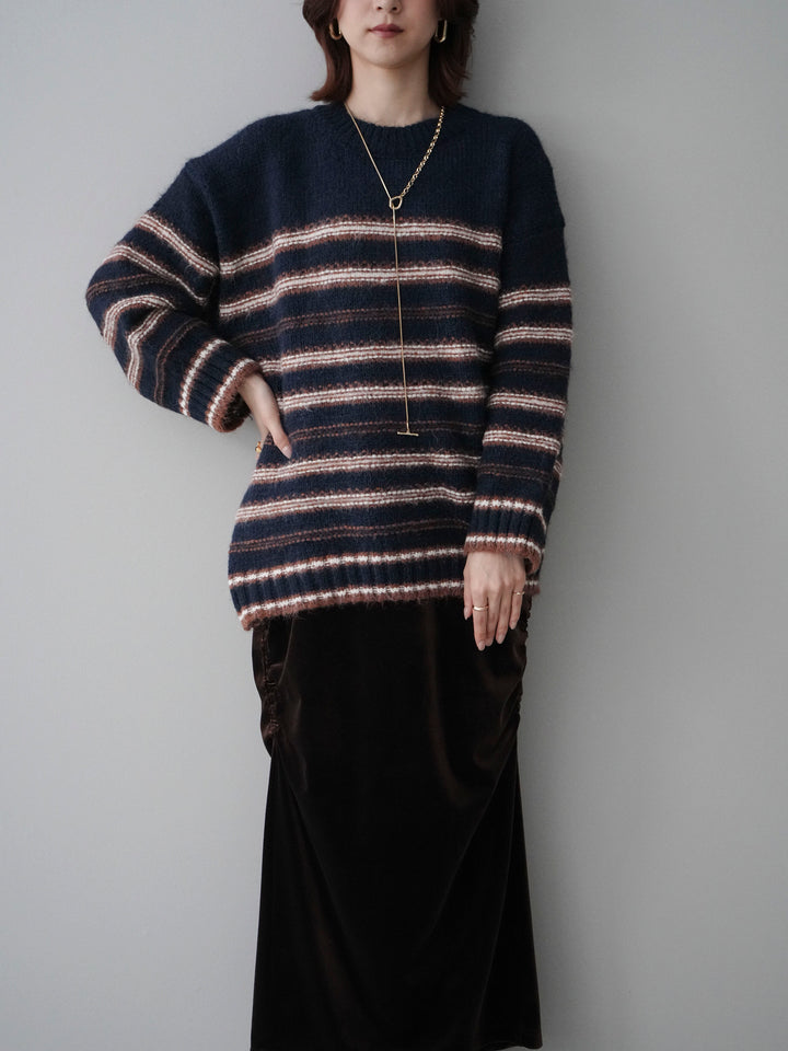 [SET]ステッチボーダーニットプルオーバー+ギャザーベロアスカート(2set)