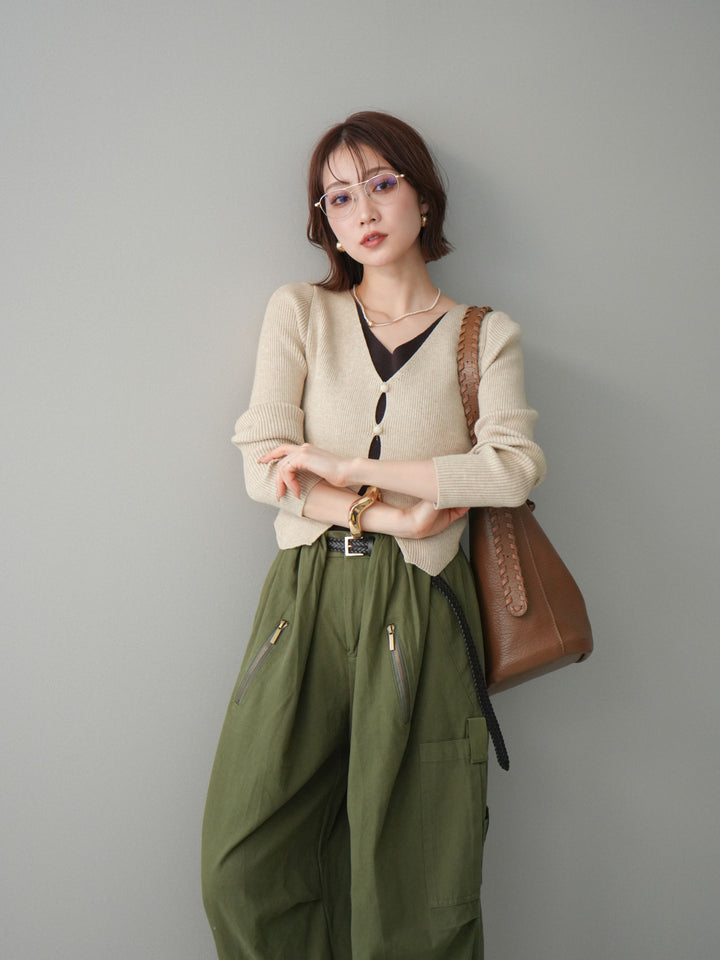 [予約]Vネック配色レイヤードスリットニットトップス/beige