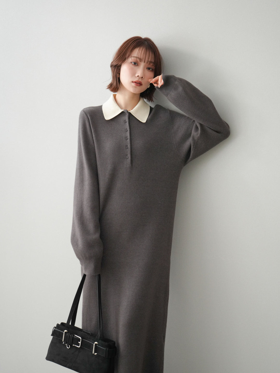 [予約]配色ポロニットワンピース/charcoal
