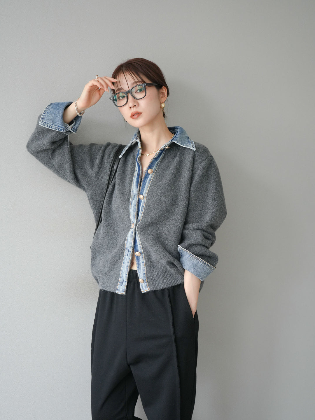 [SET]デニム襟ボタンニットカーディガン+2WAYデザインスウェットパンツ(2set)