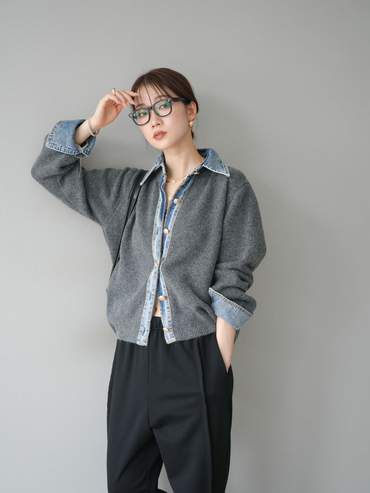 [SET]デニム襟ボタンニットカーディガン+2WAYデザインスウェットパンツ(2set)