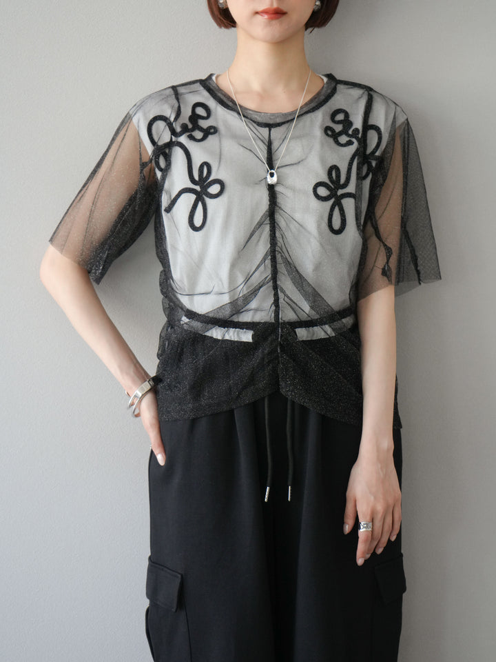 [SET]ラメチュールシャーリングプルオーバー+コード刺繍フレンチスリーブTシャツ+ウエストラインサイドポケットスウェットパンツ(3set)