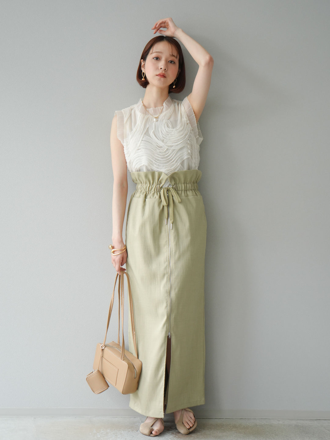 [SET]チュールジャガードノースリブラウス+ヘザーエステルギャザージップスカート(2set)