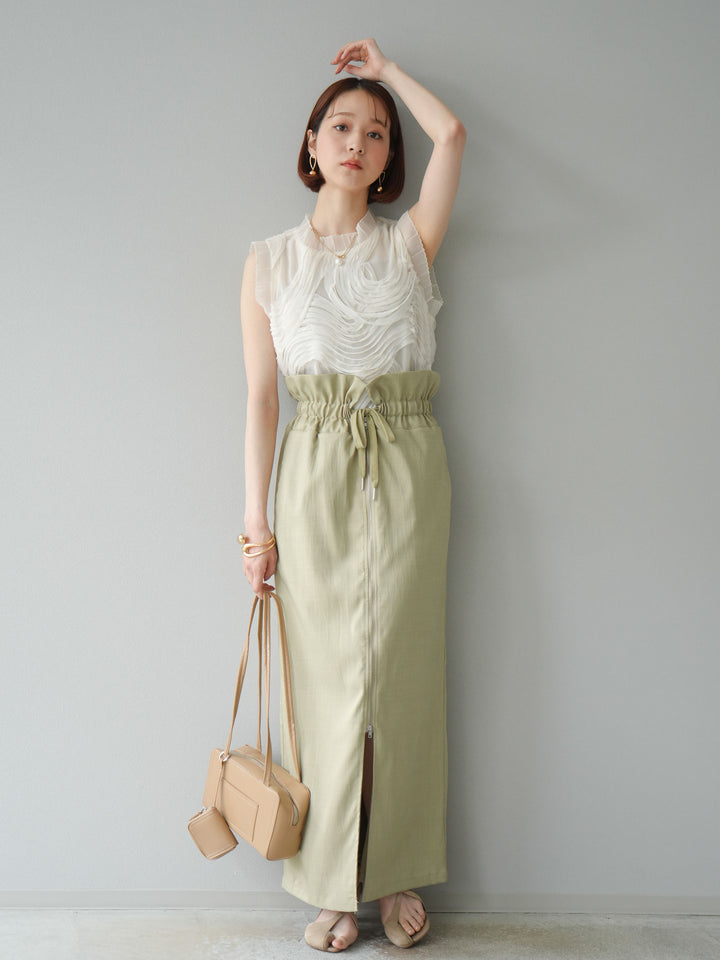 [SET]チュールジャガードノースリブラウス+ヘザーエステルギャザージップスカート(2set)