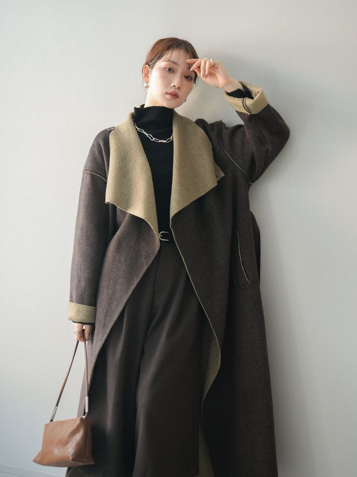 [予約]ダブルフェイスバイカラーロングコート/khaki